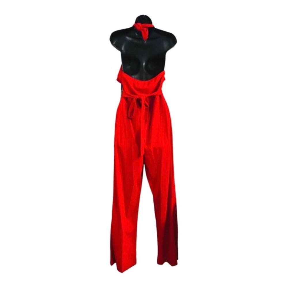 Bebe red Ruffle front belted sleeveless open back‎ Halter Jumpsuit size 2 new - Picture 11 of 15